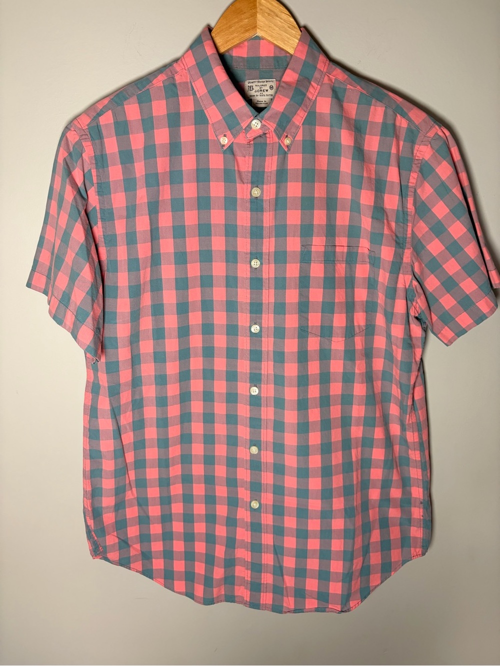 J.Crew Tailored Men’s Gingham Shirt Pink Blue 100% Cotton Short Sleeve M